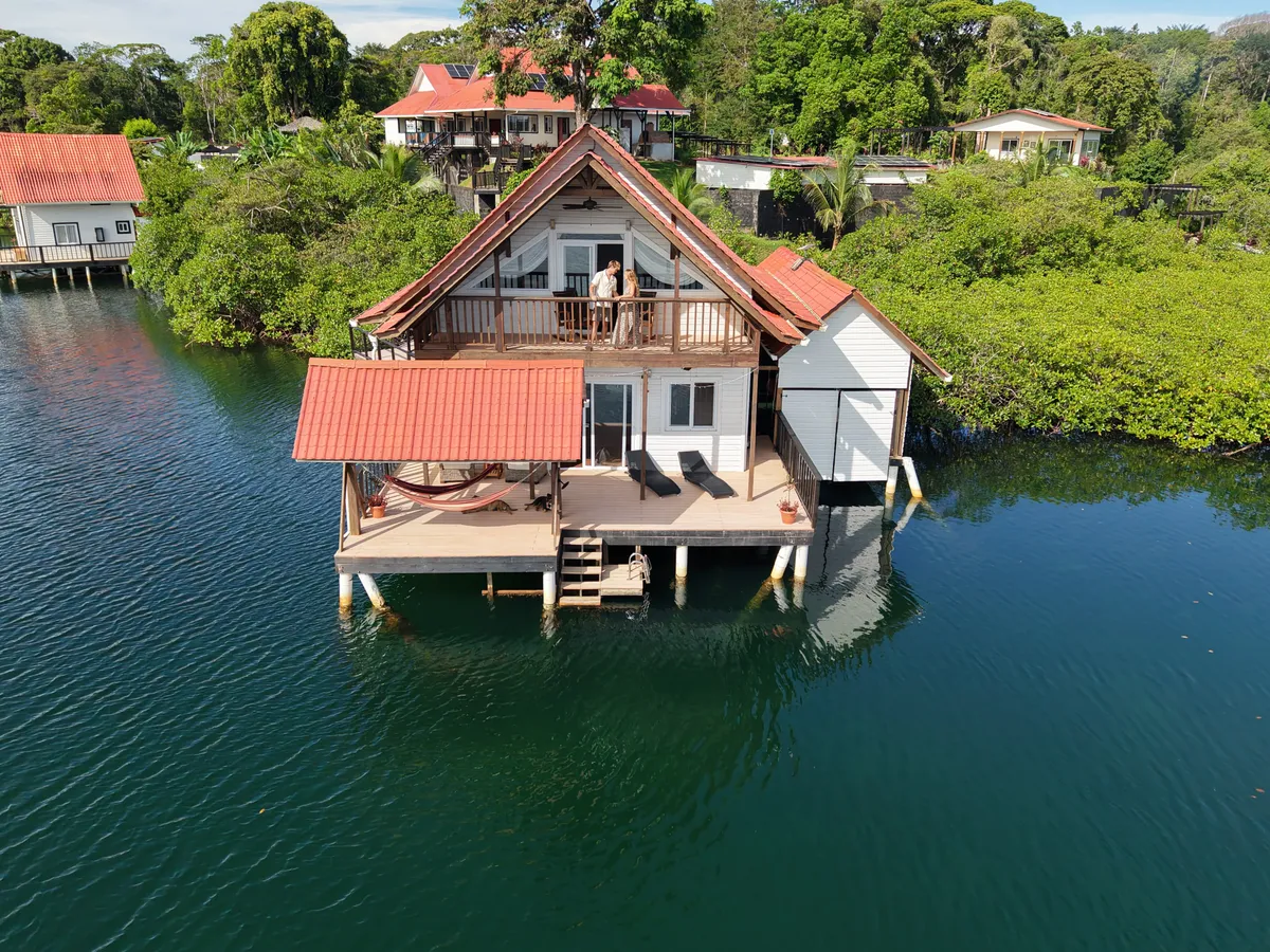 El Tulipán Perdido from the air: the terrace with its hammock and the upstairs balcony, over the lagoon