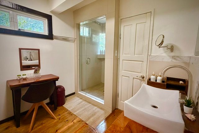 The bathroom: vanity, glass shower and sink