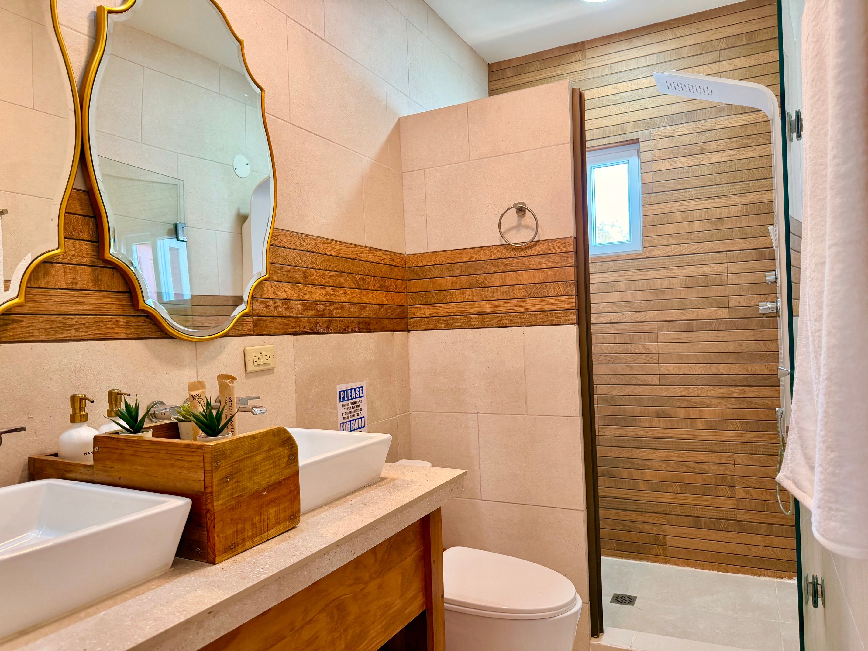 The bathroom, with two sinks and a massage shower
