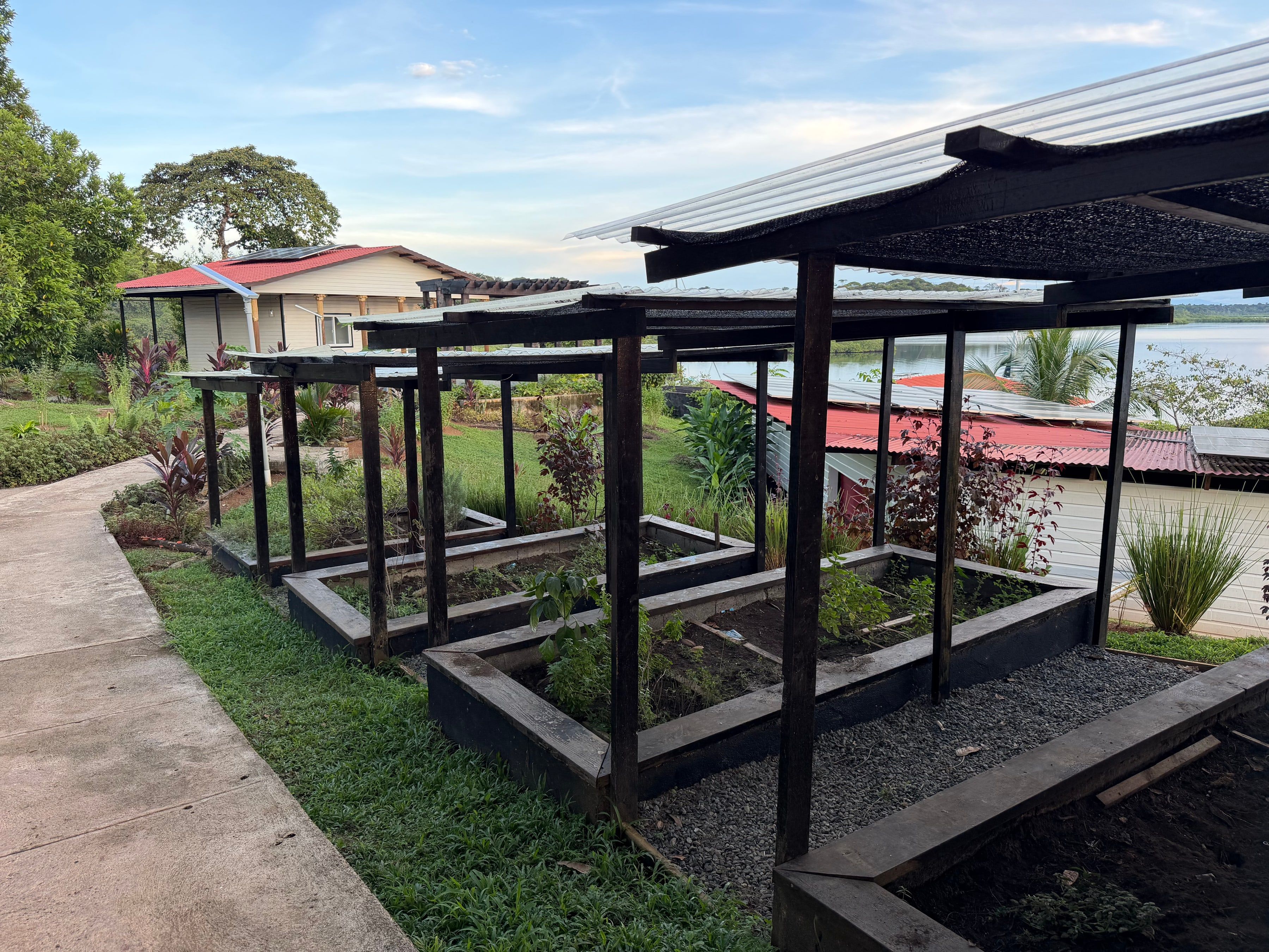 The herb beds under shade roofs, beside the path, with the lagoon beyond