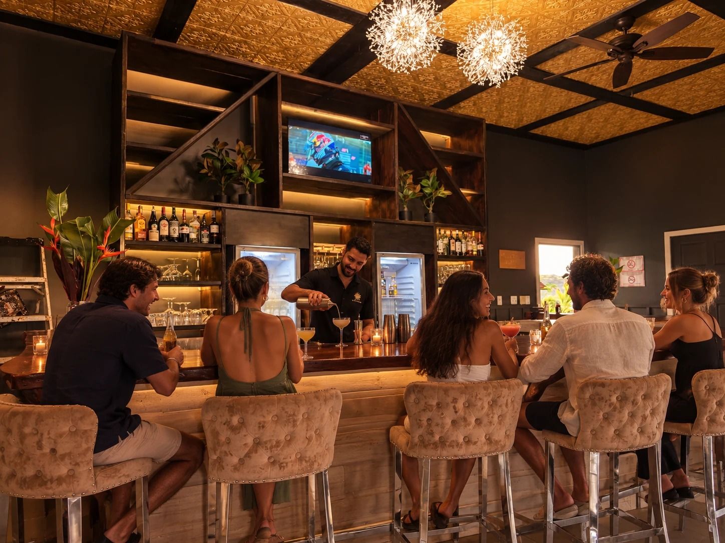 The Orchid Lounge bar counter, with people on the high stools while a drink is poured