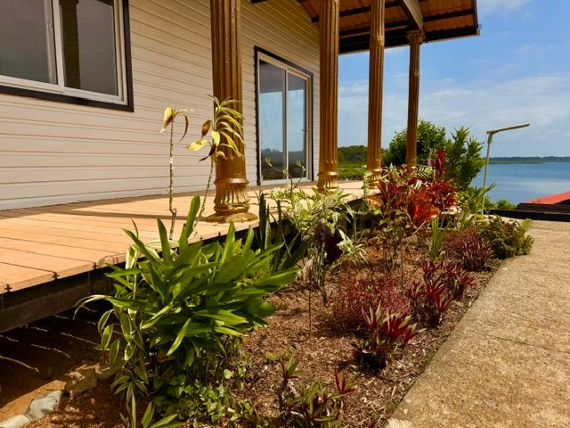 A porch surrounded by plants, with the water beyond