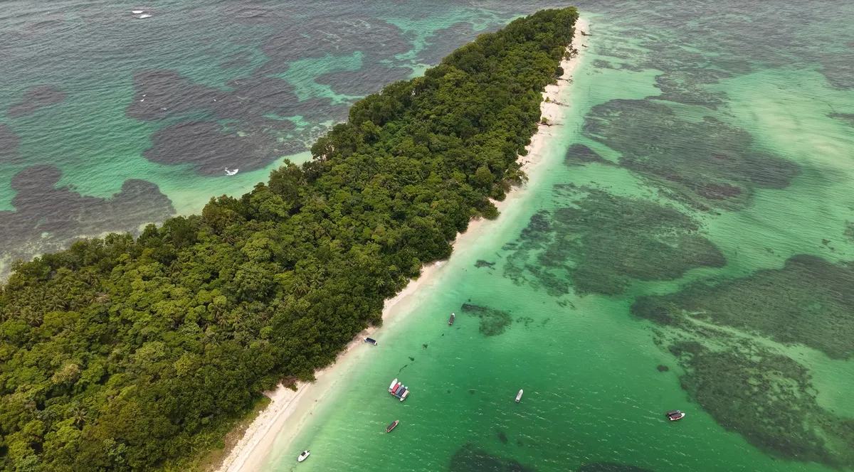 Cayo Zapatilla from the air: the jungle, the beach and boats on turquoise water