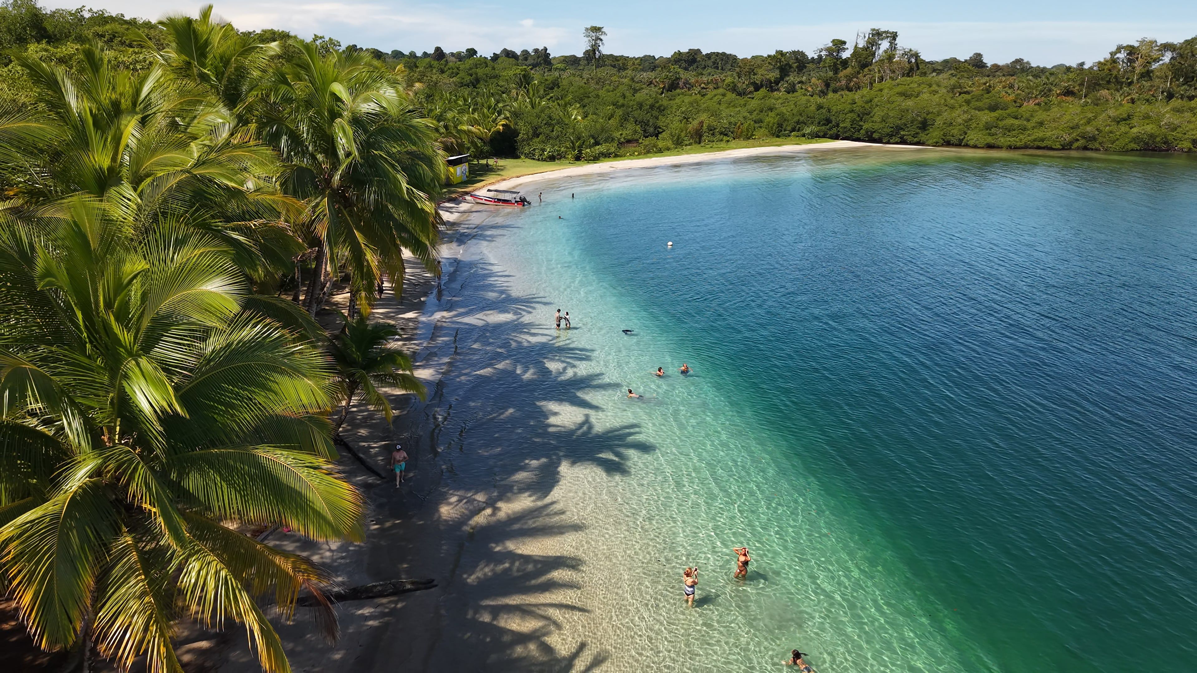 Playa Estrella from the air: palms, pale sand and people in clear water